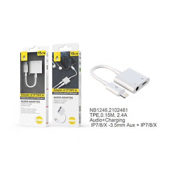 CABO ADAPTADOR DE ÁUDIO 2 EN 1 ONEPLUS BL NB1246 IP PARA CARREGAMENTO DO IPHONE + ÁUDIO 3,5MM BRANCO